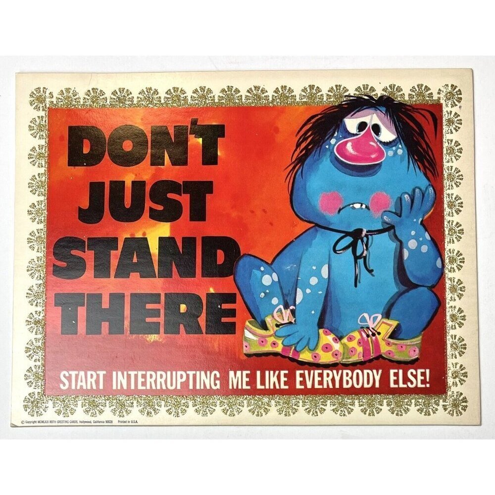 VTG 1969 9"x7" ROTH PLAQUE Cardboard SIGN w/ Easel DON'T JUST STAND THERE... EUC